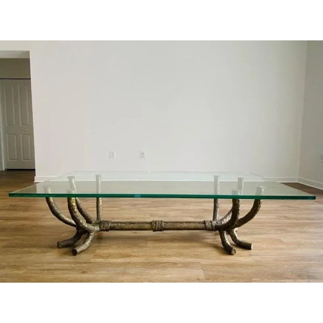 Monumental Brutalist Metal Tree Branch Form Coffee Table With Thick Rectangular Glass Top Designed In The 1970's...