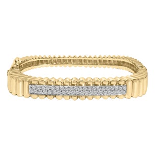 14K Yellow Gold 1 1/4 Cttw Diamond Ribbed Rounded Rectangle Bangle Bracelet (G-H Color, VS2-SI1 Clarity) - 7.75" Inches For Sale
