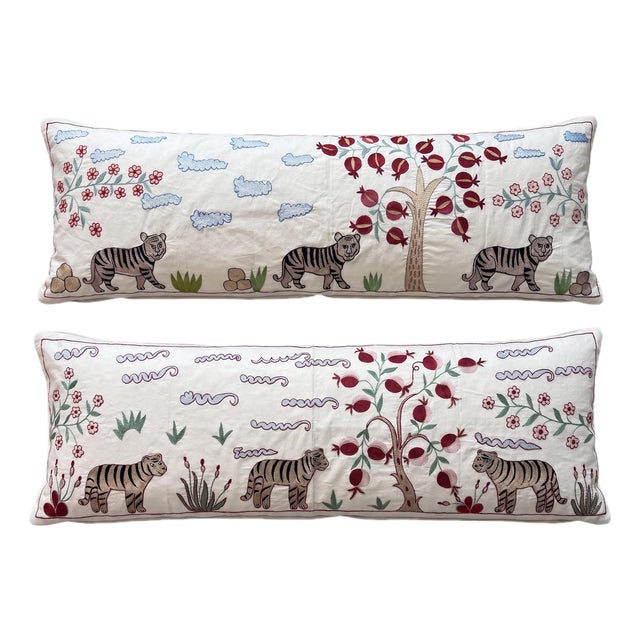 White Tiger Suzani Lumbar Pillow Cover 18'' X 54'' - Set of Two For Sale