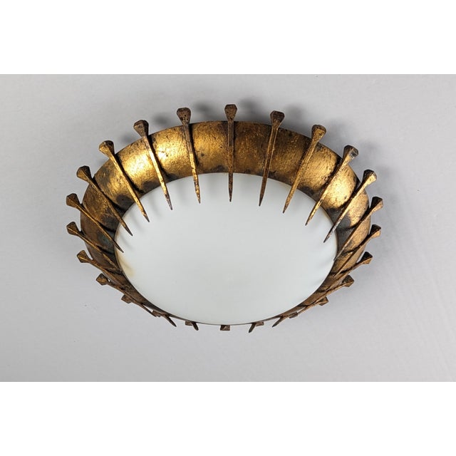 Forged Nails Sun Lamp in Gold Leaf and Milk Glass, France, 1950s For Sale - Image 9 of 9