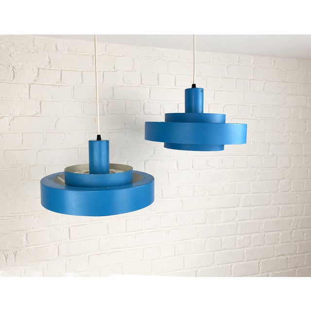 Metal Blue Equator Pendant Lamps by Jo Hammerborg for Fog & Mørup, 1968, Set of 2 For Sale - Image 7 of 16