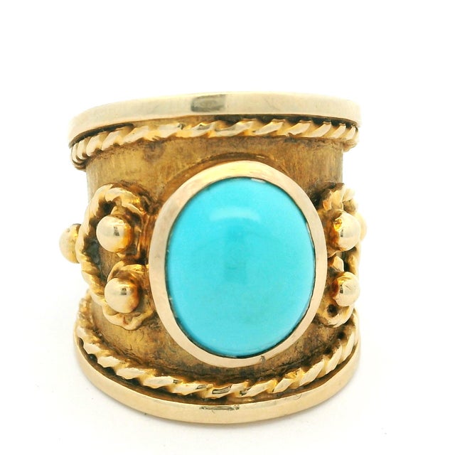 Etruscan Revival Vintage Italian 18k Gold Turquoise Etruscan Revival Statement Ring, Size 8.5 For Sale - Image 3 of 10