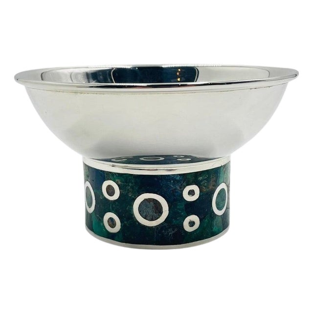 Los Castillo Silver Plate Malachite & Lapis Inlaid Bowl, Taxco, Mexico, 1960s For Sale