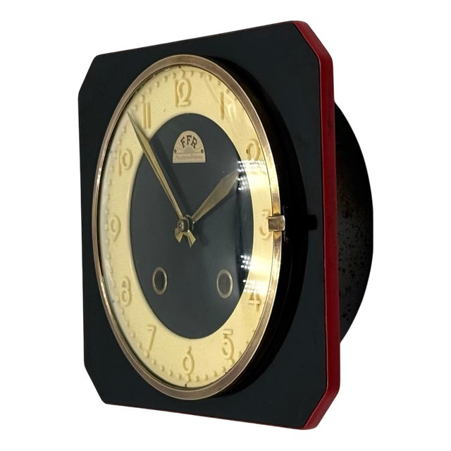 French Formica Wall Clock with Brass and Red Detail from FFR, 1950s For Sale