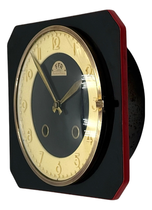 French Formica Wall Clock with Brass and Red Detail from FFR, 1950s