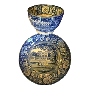 Antique Early 19th Century English Staffordshire Pearlware Tea Cup & Saucer in Blue & White - A Pair