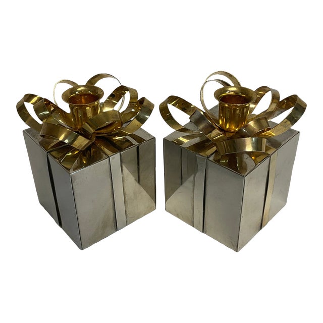 Vintage Contemporary Americana Christmas Metal Wrapped Present Candle Holders - a Pair. For Sale