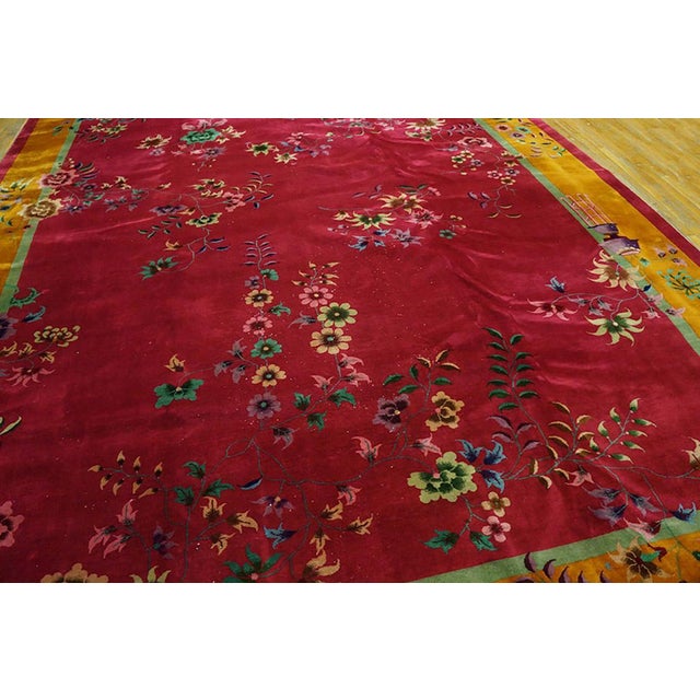 Art Deco Exciting Red Background Color With Asymmetric Floral Design Antique Chinese Art Deco Rug For Sale - Image 3 of 9