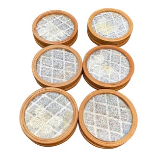 Vintage Rattan and Faux Butterfly Coasters- Set of 6 For Sale