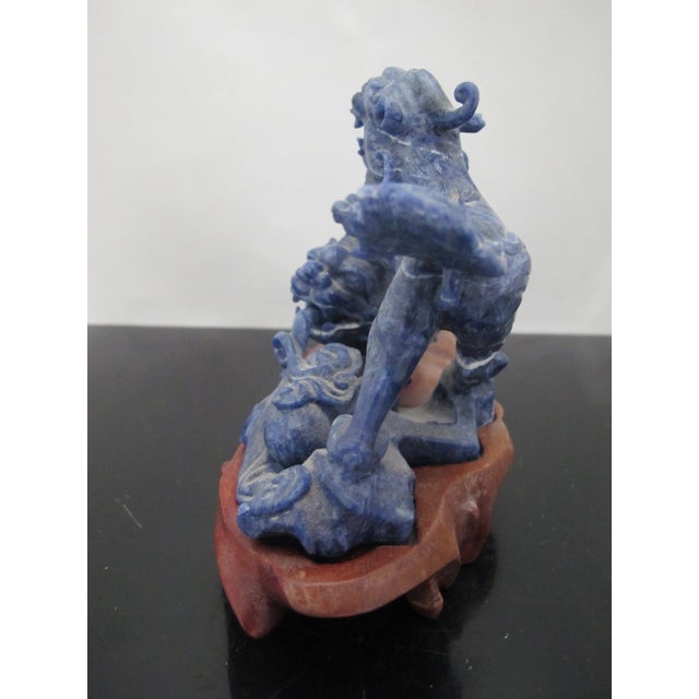 Chinese Carved Lapis Lazuli 2 Foo Dog Playing Figurine on Wood Stand For Sale - Image 11 of 12