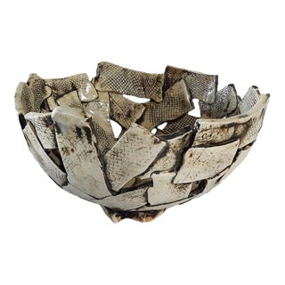 1990s Artisan Decorative Glazed Pottery Stripes Bowl Signed For Sale