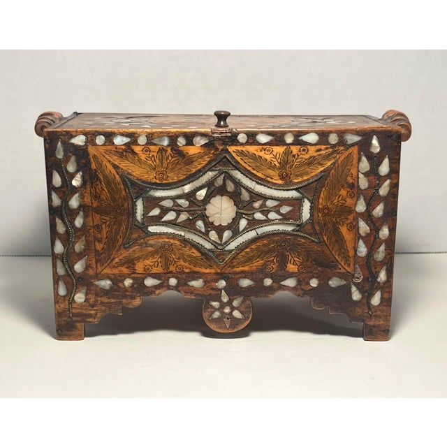 Antique 19th C. Moroccan Wooden Hand Crafted Mother of Pearl and Copper Dowry Box For Sale In Los Angeles - Image 6 of 13
