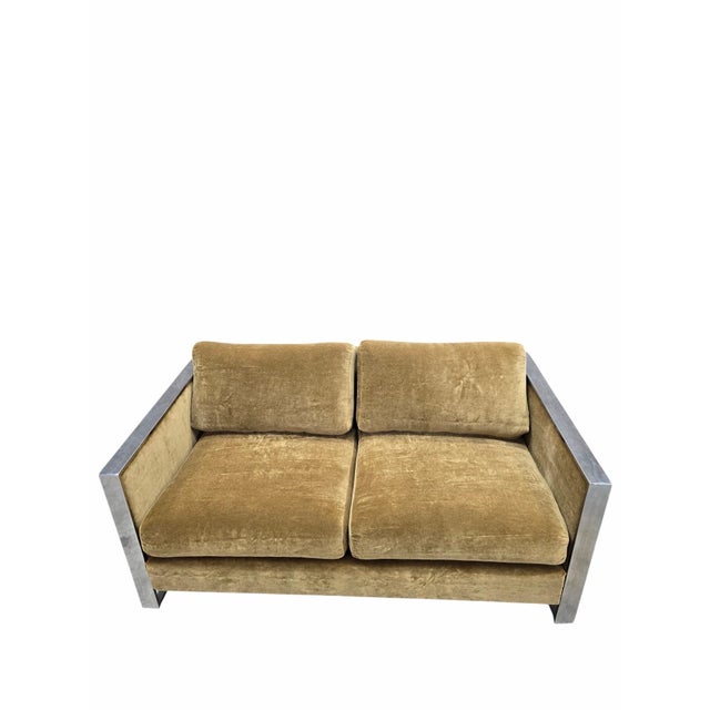 MCM Adrian Pearsall Chrome Flat-Bar Cork-Sided Sofa & Loveseat Set Newly Reupholstered For Sale - Image 11 of 12