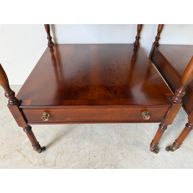 Wood Hekman Regency Style Olive Wood & Mahogany End Tables With Drawer and Casters – A Pair For Sale - Image 7 of 12