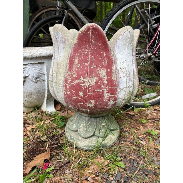 Vintage Cast Cement tall flower Bud Tulip Fountain Topper Top. Very Heavy, a little crack Approximate measures: Height 20”...