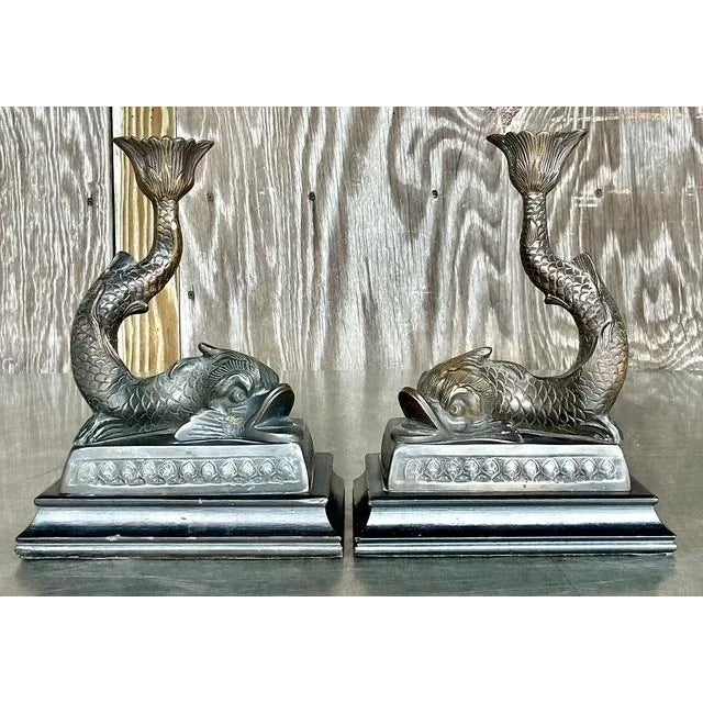 Wood Vintage Regency Cast Dolphin Candlesticks - A Pair For Sale - Image 7 of 10