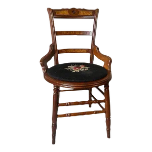 Antique Wooden Chair With Embroidered Needlepoint Seat, Early 20th Century