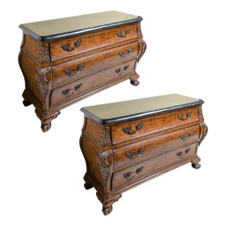 1990s Simulated Black Marble Top Chests-Three Drawer Bombe Style-Pair For Sale