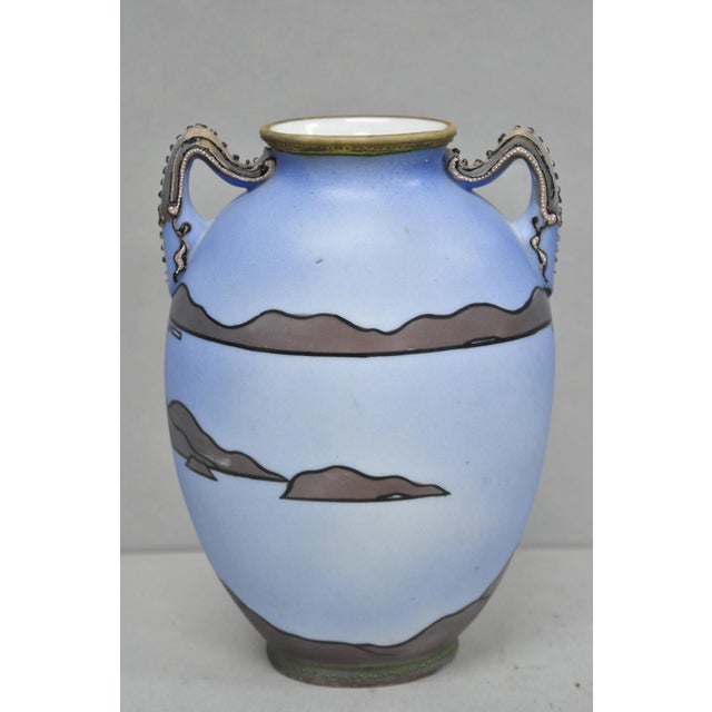 Antique Hand Painted Blue Nippon Porcelain Halloween Pattern Twin Handle Vase For Sale - Image 9 of 14