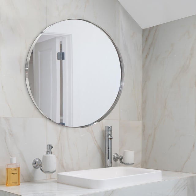 Metal Stainless Steel Round Mirror For Sale - Image 7 of 8