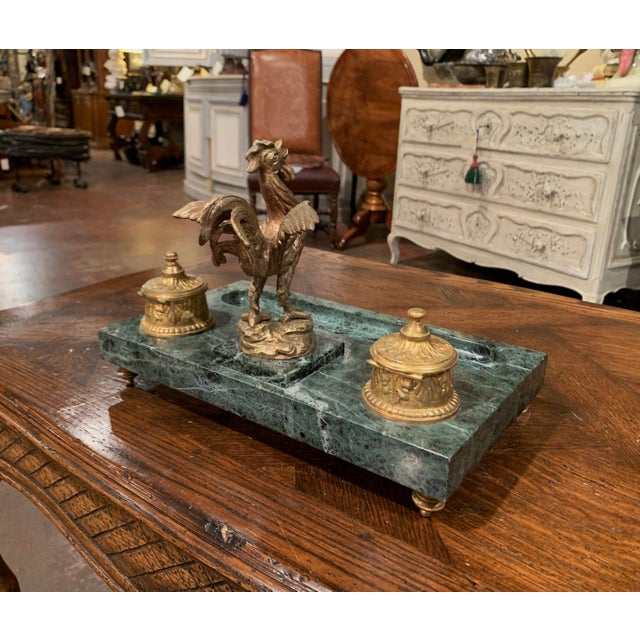 19th Century French Green Marble and Bronze Rooster Inkwell Signed Melotte For Sale - Image 11 of 13