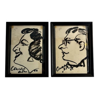 Vintage 1956 Original Modernist Caricature Portrait Drawing, Framed Set of 2 For Sale