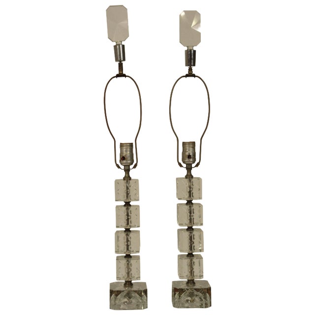 1940s Stacked Etched Glass Cube Lamps - a Pair For Sale