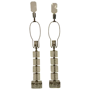1940s Stacked Etched Glass Cube Lamps - a Pair
