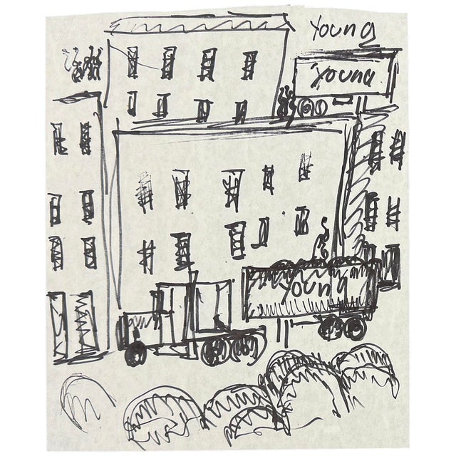 Original drawing on paper. Hand signed three times on front by Purvis Young. Paper size: 13.75 x 11 inches. Frame size:...