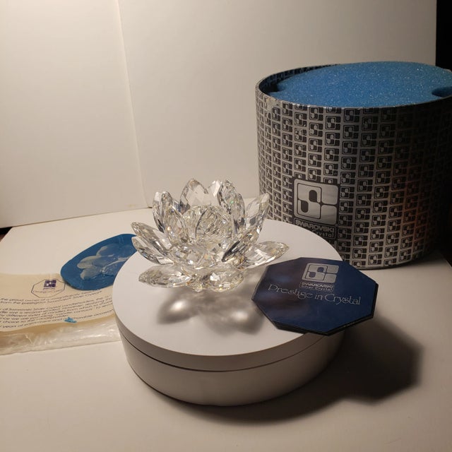 Glass 1970s Swarovski Vintage Silver Crystal Lotus Water Lily Flower Candle Holder For Sale - Image 7 of 12