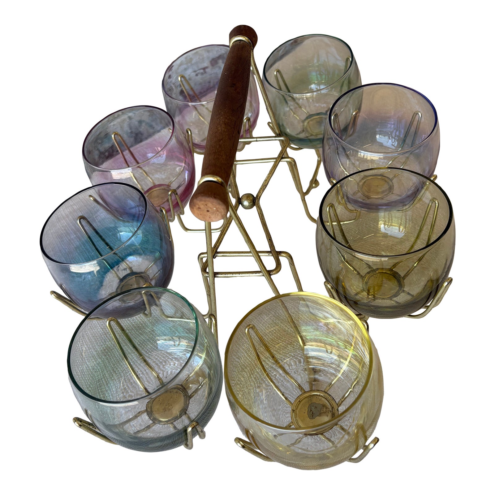 Iridescent Roly Poly Glasses With Gold Caddy – Set of 8 | Chairish