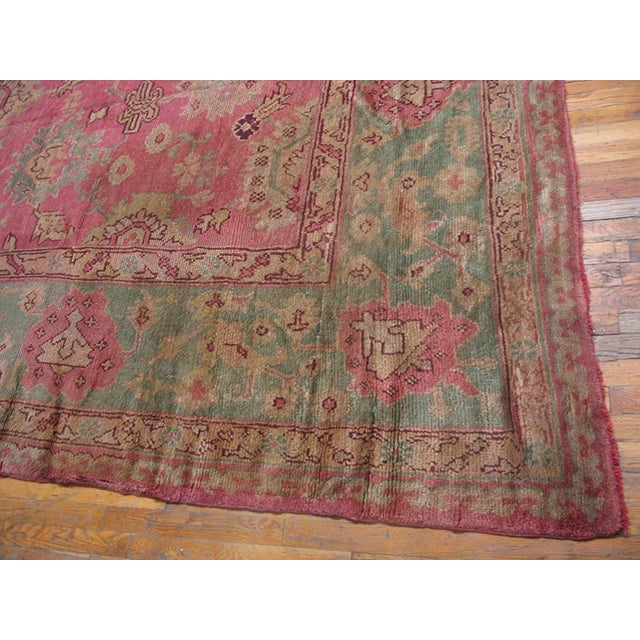 1930s 1930s Rose-Teal Green Large Scale Arts and Crafts Antique Turkish Oushak Rug 13'10" X 16'8" Handknotted Wool Carpet For Sale - Image 5 of 6