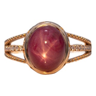 7.8Ct Star Ruby Cabochon Ring With Earth-Mined Diamond Accents: Solid 14k Gold, Size 6.75 For Sale