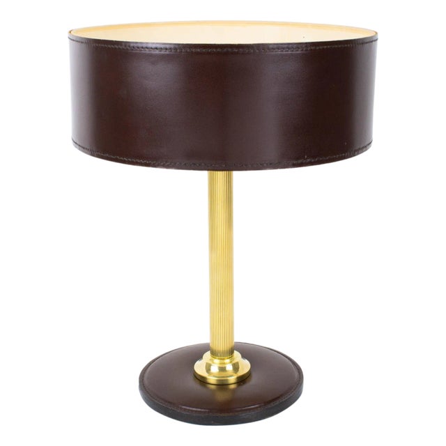 Jacques Adnet Brown Hand-Stitched Leather-Clad Table Lamp For Sale