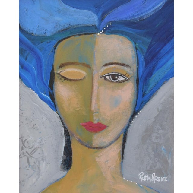 Original French Mademoiselle W/ Long Blue Hair Portrait Painting With Antiqued Gold Wood Frame For Sale - Image 4 of 9