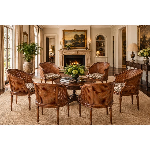 Louis XVI Carved Oak & Cane Barrel-Back Armchairs With Leopard Upholstery-Set of 6 For Sale - Image 13 of 13