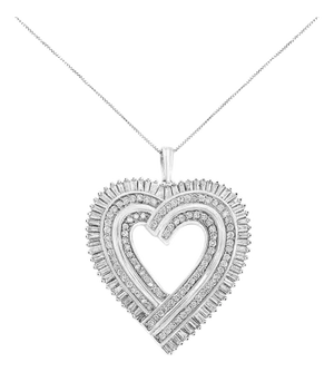 .925 Sterling Silver 1 1/4 Cttw Round and Baguette-Cut Diamond Composite Heart 18" Pendant Necklace (I-J Color, I1-I2 Clarity)