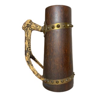 Antique 1800's Handmade German Carved Wood Stag Horn Brass Stein Tankard Pitcher For Sale