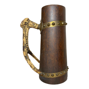 Antique 1800's Handmade German Carved Wood Stag Horn Brass Stein Tankard Pitcher