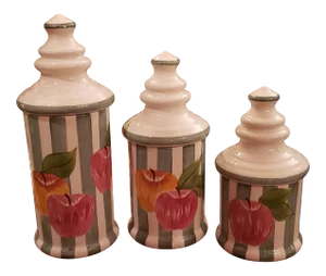 1990s Laurie Gates Design Vintage Farmhouse Fruit & Stripes Pottery Set - 3 Pieces