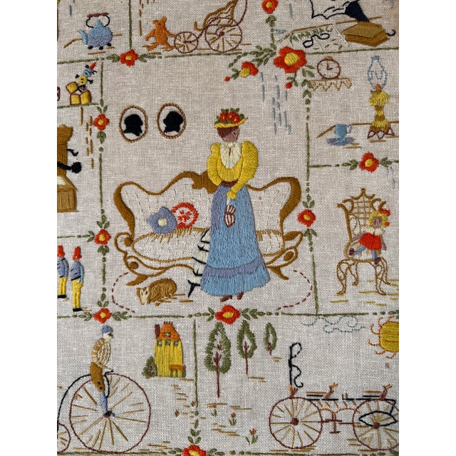 1980s Vintage Framed Needlepoint Textile Wall Art With Whimsical Domestic Scene For Sale - Image 5 of 11