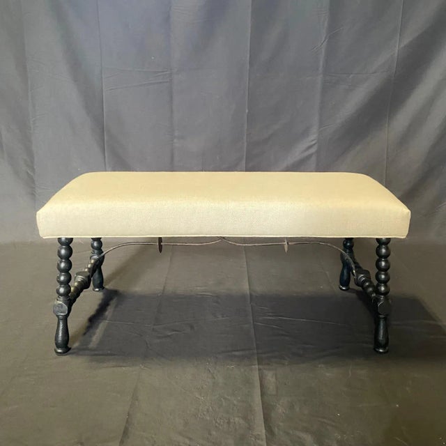 Spanish Antique Ebony Barley Twist Bench Ottoman With Wrought Iron Stretchers For Sale - Image 4 of 9