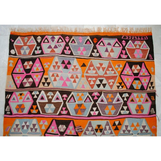 Vibrant Turkish Kilim Rug, 1966 Dated Vintage Tribal Rug, Pink and Orange Geometric Flatweave 6x8 Ft Approx For Sale - Image 9 of 18