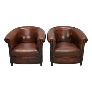 Vintage Dutch Cognac Colored Leather Club Chairs, Set of 2 For Sale