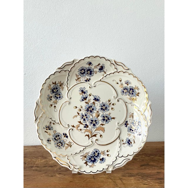White Vintage Hungarian Gilt Tipped Floral Ceramic Serving Plate For Sale - Image 8 of 11