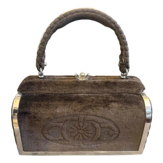1970s High Quality Brown Cut Velvet and Silver Plated Metal Italian Evening Bag For Sale