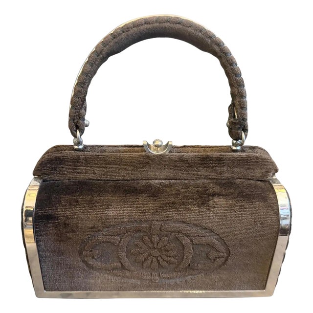 1970s High Quality Brown Cut Velvet and Silver Plated Metal Italian Evening Bag For Sale