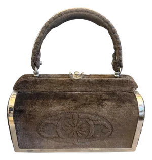 1970s High Quality Brown Cut Velvet and Silver Plated Metal Italian Evening Bag