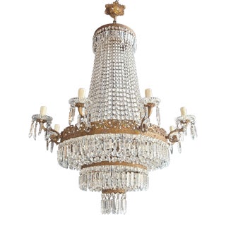 1940s Empire Brass Chandelier in Crystal and Antique Gold For Sale