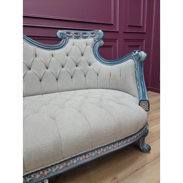 1970s French Provincial Living Room Set | Hand Carved Baroque Sofa & Armchairs | Blue and Rose Gold Ornate Tufted 4-Piece Set For Sale - Image 13 of 18